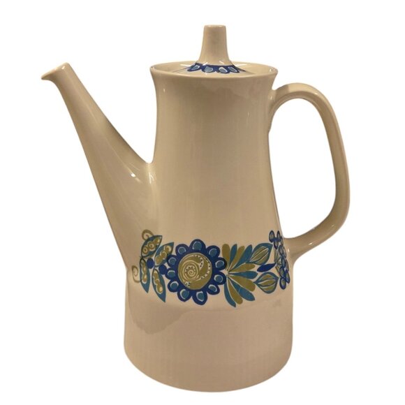 Mid Century Modern Ceramic Teapot Floral Design Figgjo Flint Blue Flowers - Picture 11 of 16